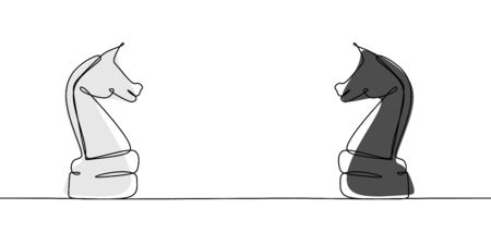 The chess knight black and white colors on the champion. Continuous line drawing isolated on white background.のイラスト素材