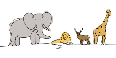 one line line drawing of animals  illustration with elephant, lion, giraffe, and deer.のイラスト素材