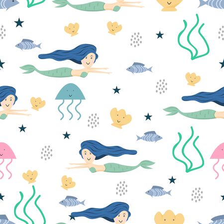 Cute mermaid seamless pattern with childish drawing style colorful background for summer holiday kids, baby, teenager, and children fashion textile print and wrapping. Fantasy style concept.のイラスト素材