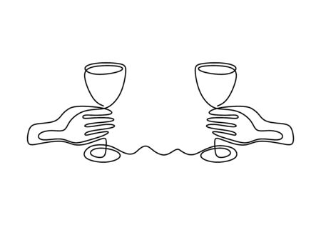Continuous one line drawing of Hands cheering with glasses of champagne or wineのイラスト素材