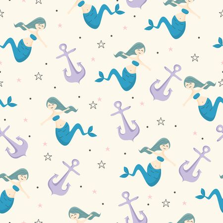 Seamless childish pattern with cute mermaids colorful summer design theme. Undersea  trendy texture.のイラスト素材