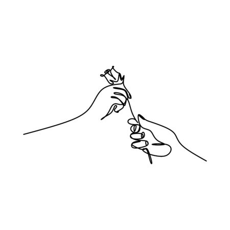 Hand giving a flower one line drawing vector. Continuous lineart of couple romantic minimalist designのイラスト素材