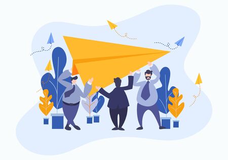 New business start up launching. Business people launching paper plane investor with new startup concept. Workers raising the craft airplane to fly. Metaphor vector illustration modern character.のイラスト素材