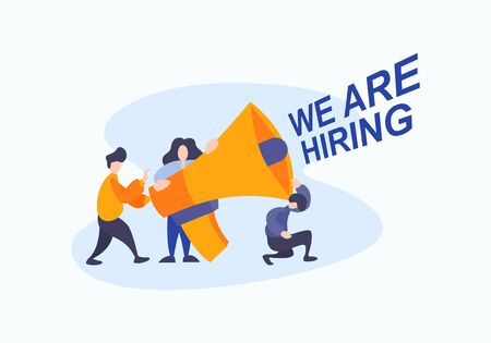 Business hiring for job worker flat illustration vector. We are hiring text concept with people team in creative style with big megaphone horn.のイラスト素材