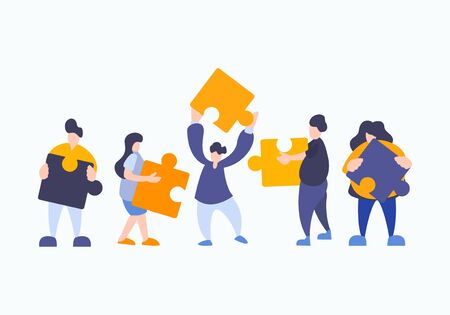 Team metaphor. people connecting puzzle elements. Symbol of teamwork, cooperation, partnership. Business concept vector illustration flat design creative style.のイラスト素材