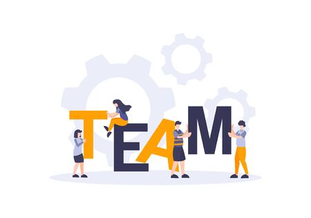 Team business flat design illustration with people and typography for web and landing page elementのイラスト素材