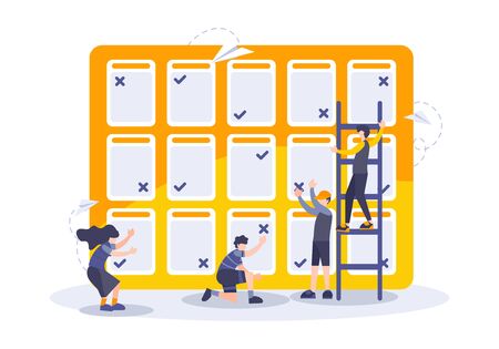 Events arrangement. Flat design business people concept for business planning, events and news, reminder and schedule. Vector illustration for web banner, business presentation, advertising elements.のイラスト素材