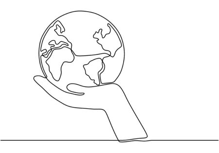 Hand holding earth globe one line drawing. Continuous contour hand drawn sketch design vector illustration.のイラスト素材