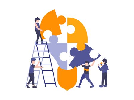 People connecting puzzle elements to build a light bulb. Vector illustration business concept. Team metaphor flat design style. Symbol of teamwork, cooperation, partnership.のイラスト素材