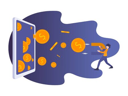 Digital app and web concept person attract money with huge magnet from tablet smartphone. Business flat design illustration.のイラスト素材