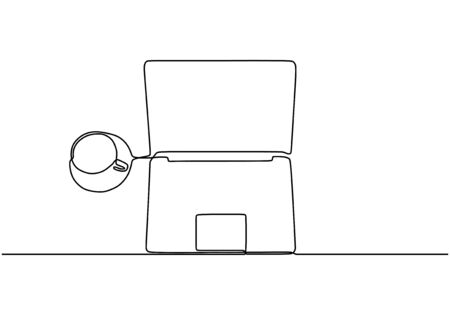 Laptop and coffee one line drawing minimalist design. Vector object isolated on white background.のイラスト素材