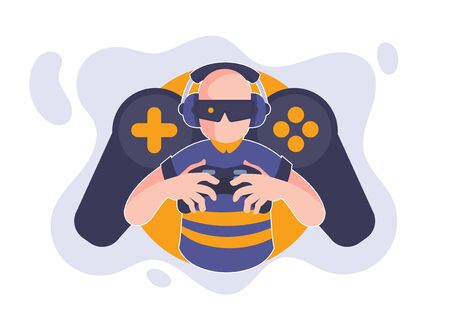Person enjoy gaming with wireless joystick controller, virtual reality glasses, and headphone. Vector illustration flat cartoon design style.のイラスト素材