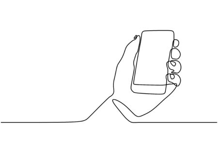 hand phone line drawing. Hand holding smartphone mobile gadget. One continuous hand drawn sketch lineart.のイラスト素材