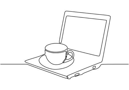 Laptop and coffee one line drawing minimalist design. Vector object isolated on white background.のイラスト素材