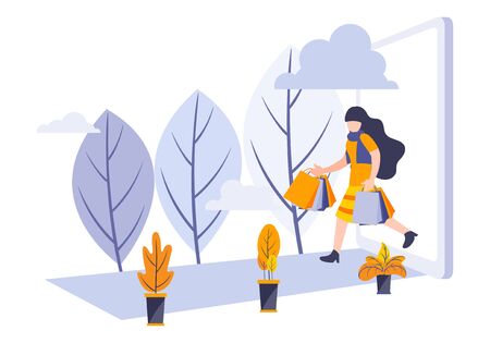 Shopping Online on Website or Mobile Application Vector Concept Marketing and Digital marketing. Woman holding bags enjoy buying from big tablet gadget. Business metaphor marketing elements.のイラスト素材