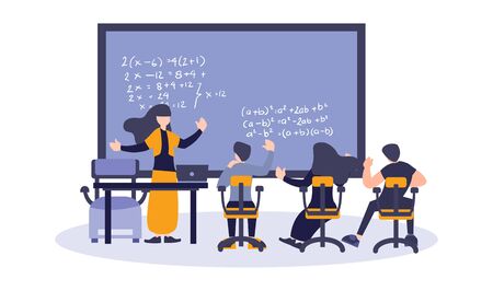 Vector illustration of teacher teach a lecture to student. Concept of math education, study, and learning. Flat digital illustration cartoon style.のイラスト素材
