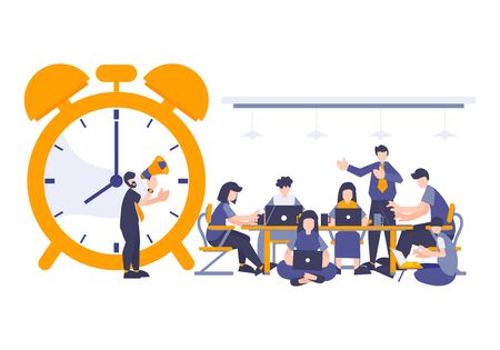 Flat people business concept of workers discussion and thinking in a meeting with big alarm clock.のイラスト素材