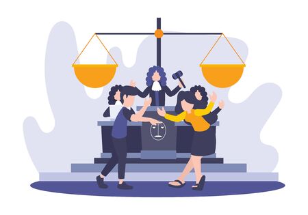 Vector flat illustration of people conflict during the judge. Metaphor of divorce in court. Law and legal settlement idea concept with big law scales. Breaking Relationship between Man and Woman.のイラスト素材