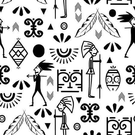 ancient maya tribal ethnic seamless pattern with black and white color vector illustration for fashion textile print and wrappingのイラスト素材