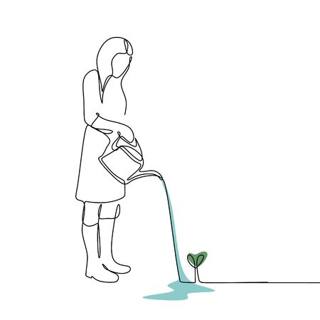 continuous line drawing of a woman watering a plant.のイラスト素材