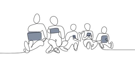 one line drawing of people using smartphone, laptop, and tablet modern concept futuristic millennialのイラスト素材
