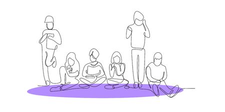 continuous line drawing of people playing cellphone.のイラスト素材