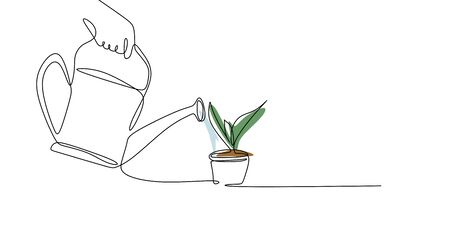 continuous line drawing watering plants.のイラスト素材
