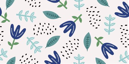 Hand drawn floral seamless pattern. Scandinavian ink doodle on white background. Childish drawing style botanical elements for fashion textile print.のイラスト素材