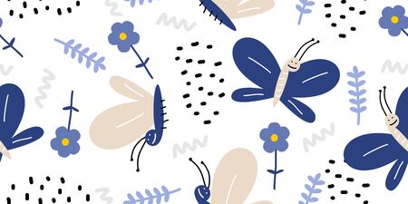 Butterfly and flowers seamless pattern. Hand drawn floral elements decoration for fashion textile print. Vector hand drawn doodle scandinavian colorful background.のイラスト素材