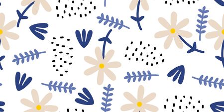 Hand drawn floral seamless pattern. Scandinavian ink doodle on white background. Childish drawing style botanical elements for fashion textile print.のイラスト素材