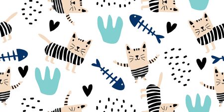 Cute cats colorful seamless pattern background. Scandinavian hand drawn funny animal pet with unique character. Good for baby and kids fashion, apparel, and textile print.のイラスト素材