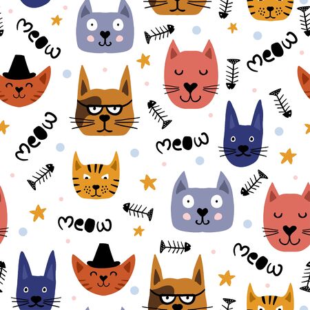 Childish drawing of cute cats face seamless pattern. Vector illustration animal trendy for fashion textile wrapping with scandinavian style. Meow text, fish, and star element.のイラスト素材