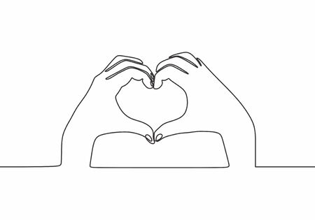Continuous one line drawing. two hands making love heart symbol with fingers. Minimalism romantic design.のイラスト素材