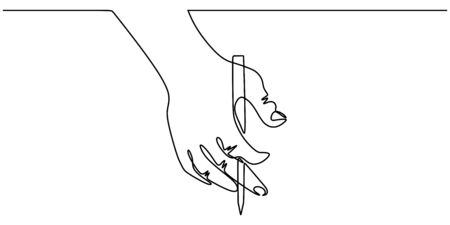 One line drawing of hand holding a pen writing on a paper. Minimalism continuous sketch vector illustration, simplicity design style.のイラスト素材