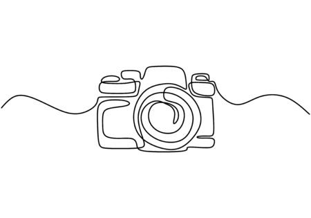 One line drawing of camera linear style. Black image isolated on white background. Hand drawn...
