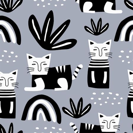 Cute cats seamless pattern. Cartoon animals with cute colorful background. Creative childish texture. Great for fabric, textile. Vector illustrationのイラスト素材