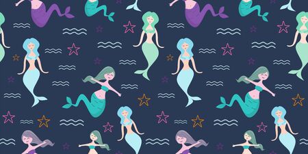 Seamless childish pattern with cute mermaids. Undersea vector illustration trendy texture. Perfect for fabric,textile,wrapping scandinavian style.のイラスト素材