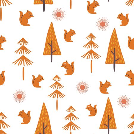 Squirrel hand drawn with trees seamless pattern orange colors. Childish drawing background for fashion textile print and wrapping.のイラスト素材