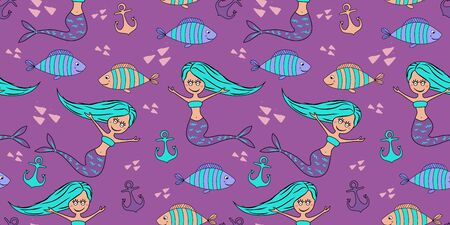 Seamless childish pattern with cute mermaids. Undersea vector illustration trendy texture. Perfect for fabric,textile,wrapping scandinavian style.のイラスト素材