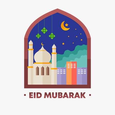 Eid mubarak flat banner vector illustration. Happy celebration Islamic design style, mosque and moon elements.のイラスト素材
