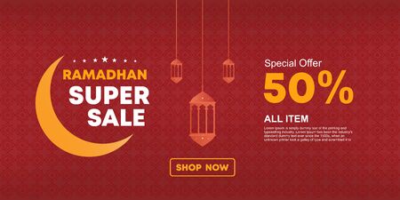 Ramadan super sale banner vector. Template for promotion and web advertisement. Red and gold colors. Luxury and elegant design with discount offerのイラスト素材