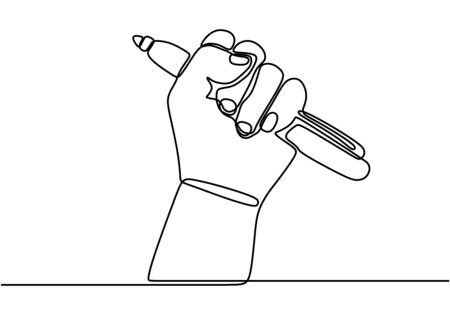 Continuous line drawing of hand holding a pen or marker. Person holding a ink ballpoint. Minimalism continuous sketch vector illustration, simplicity design style.のイラスト素材