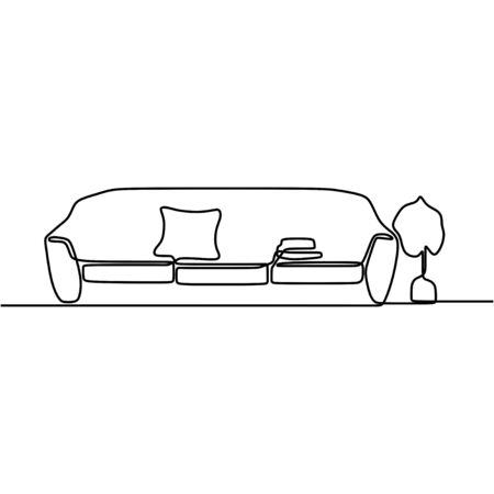 Continuous single drawn line sofa with cushions and floor lamps. Armchair furniture. Interior sketch of the living room. One line drawing line drawn by hand on a white background.のイラスト素材