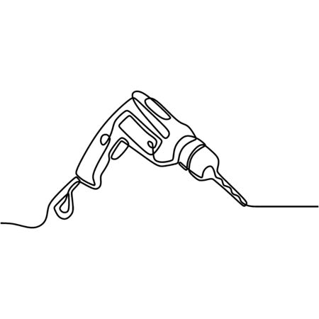 One continuous line drawing of portable drill machine. Electric hand drill machine. Handyman tools and building maintenance service concept. Single line draw vector design illustrationのイラスト素材