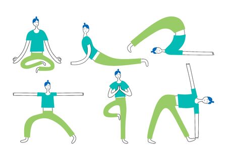 Set yoga woman vector elements. Young girl doing exercise to make healthy life. Sport at home theme, meditation and relaxation. Cartoon hand drawn style illustration pack collections.のイラスト素材