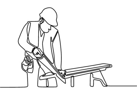 One Continuous Line Drawing Of Young Handsome Handyman Cut Wooden Board Professional Carpenter Cut Wooden Boards Building Construction Service Concept One Line Draw Design Illustration موقع تصميمي