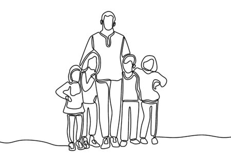 Continuous line drawing of family standing together. Happy young man and four children ready to playing. Character Father with son and daughter in hands. Vector illustration.のイラスト素材