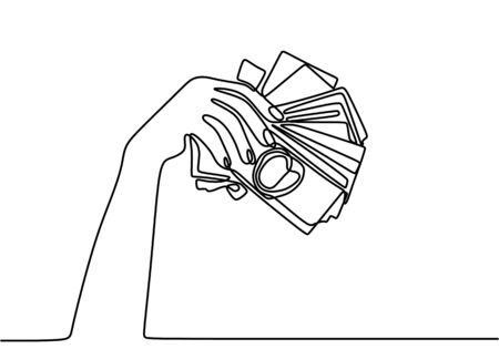 Continuous line drawing of hands holding piles of money banknotes. Human hand with banknotes hand draw minimalism style. Payment with money, buying or purchase of goods. Vector continuous lineのイラスト素材