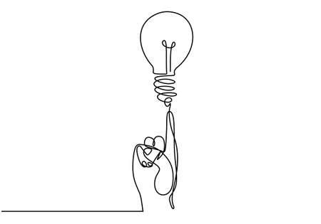 Continuous one line drawing of hand pointing a bulb lamp. Think big, point to idea concept minimal design isolated on white background. Vector illustration minimalism concept of idea and creativityのイラスト素材