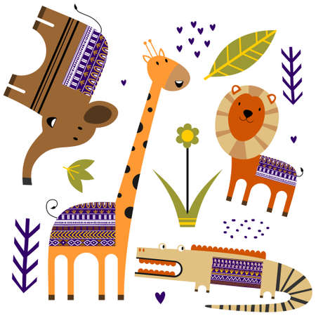 Cute jungle animals with flower, palm leaf, plants seamless pattern background. Tropical animals. Perfect for decorative, kid product, fashion, fabric, wallpaper and all print. Vector illustrationのイラスト素材